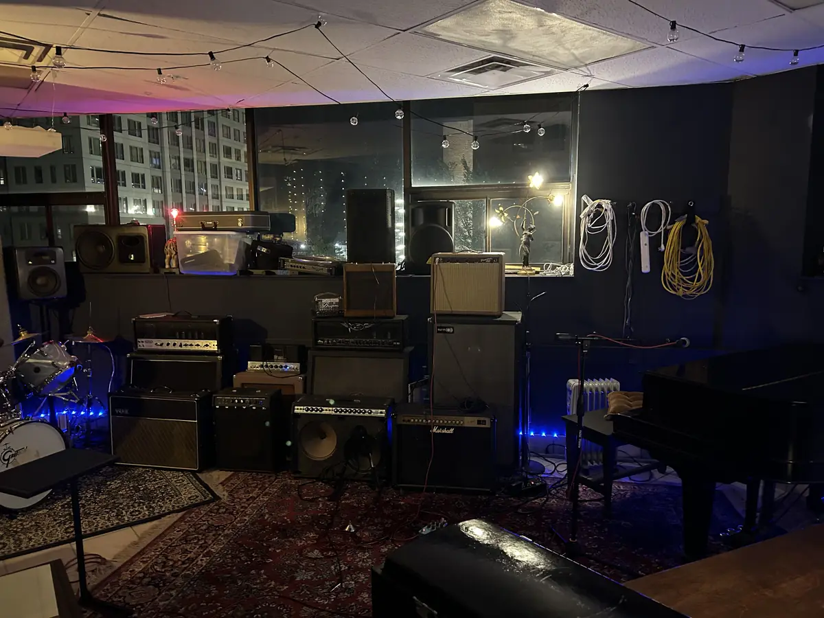 Live room with amps, drums and the Steinway