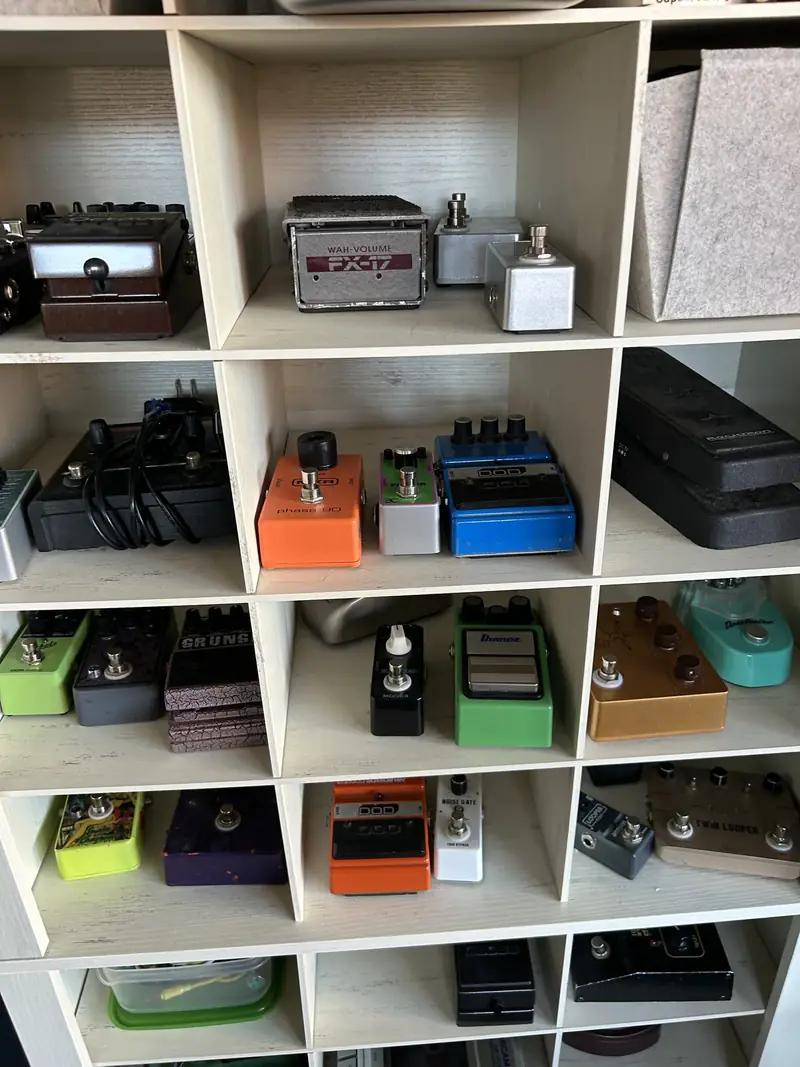 Shelves of guitar effects pedals